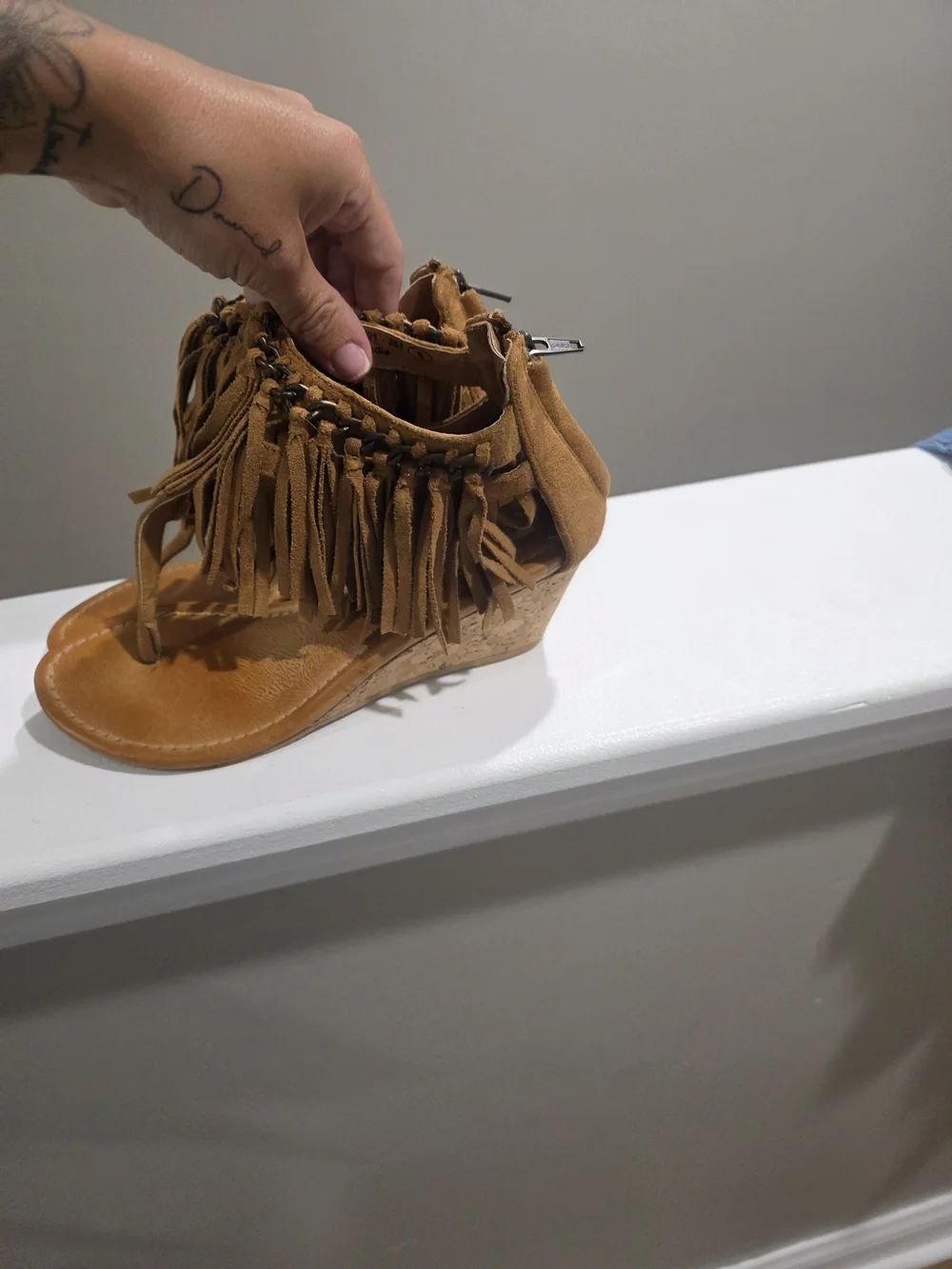 Not Rated Tan Fringe Cork Wedge Sandals